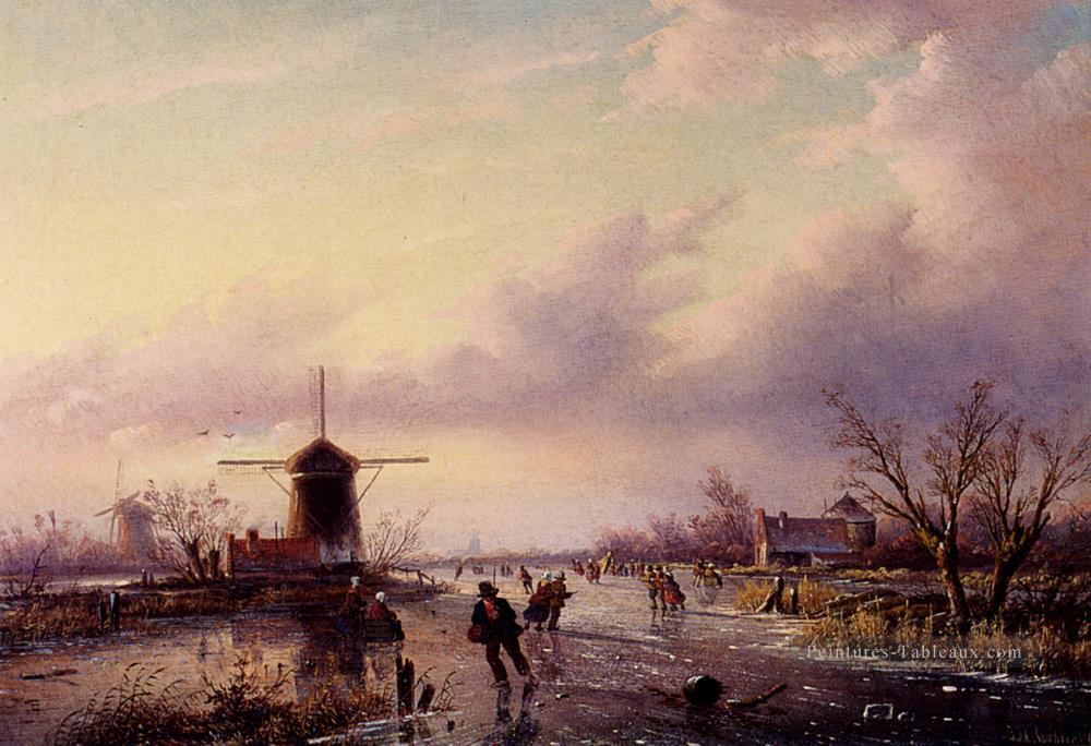 Un paysage d’hiver avec des personnages sur une voie navigable gelée Jan Jacob Coenraad Spohler Peintures à l'huile